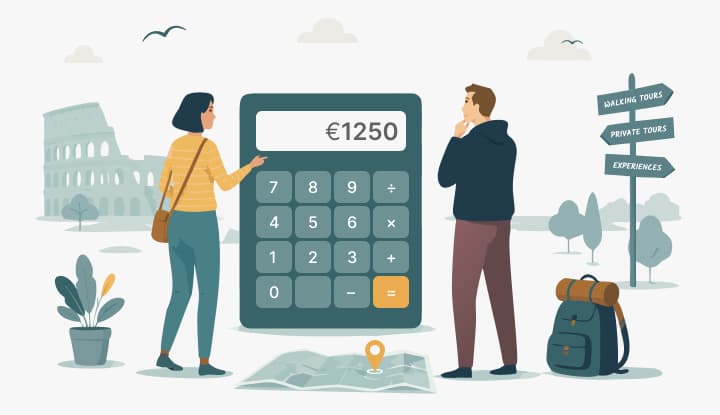 Two tour guides working out what a booking pays them on a large calculator, with a signpost for walking, private and experience tours behind them.