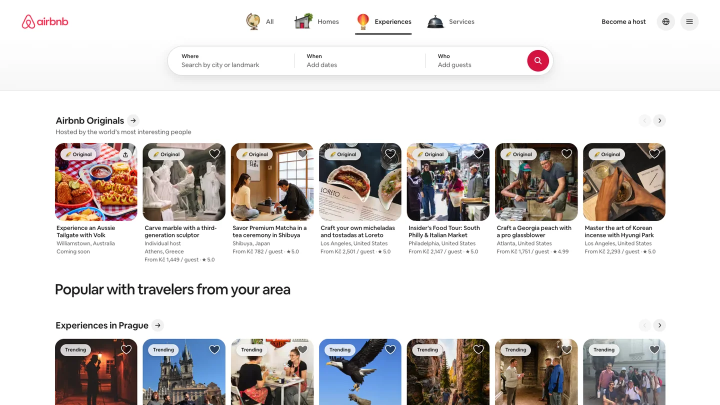 The Airbnb Experiences homepage, showing the Experiences tab active above a search bar and rows of trending activities
