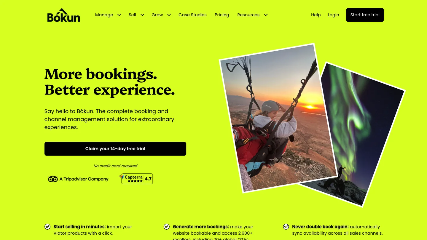 The Bokun homepage, showing its headline and a Claim your 14-day free trial button