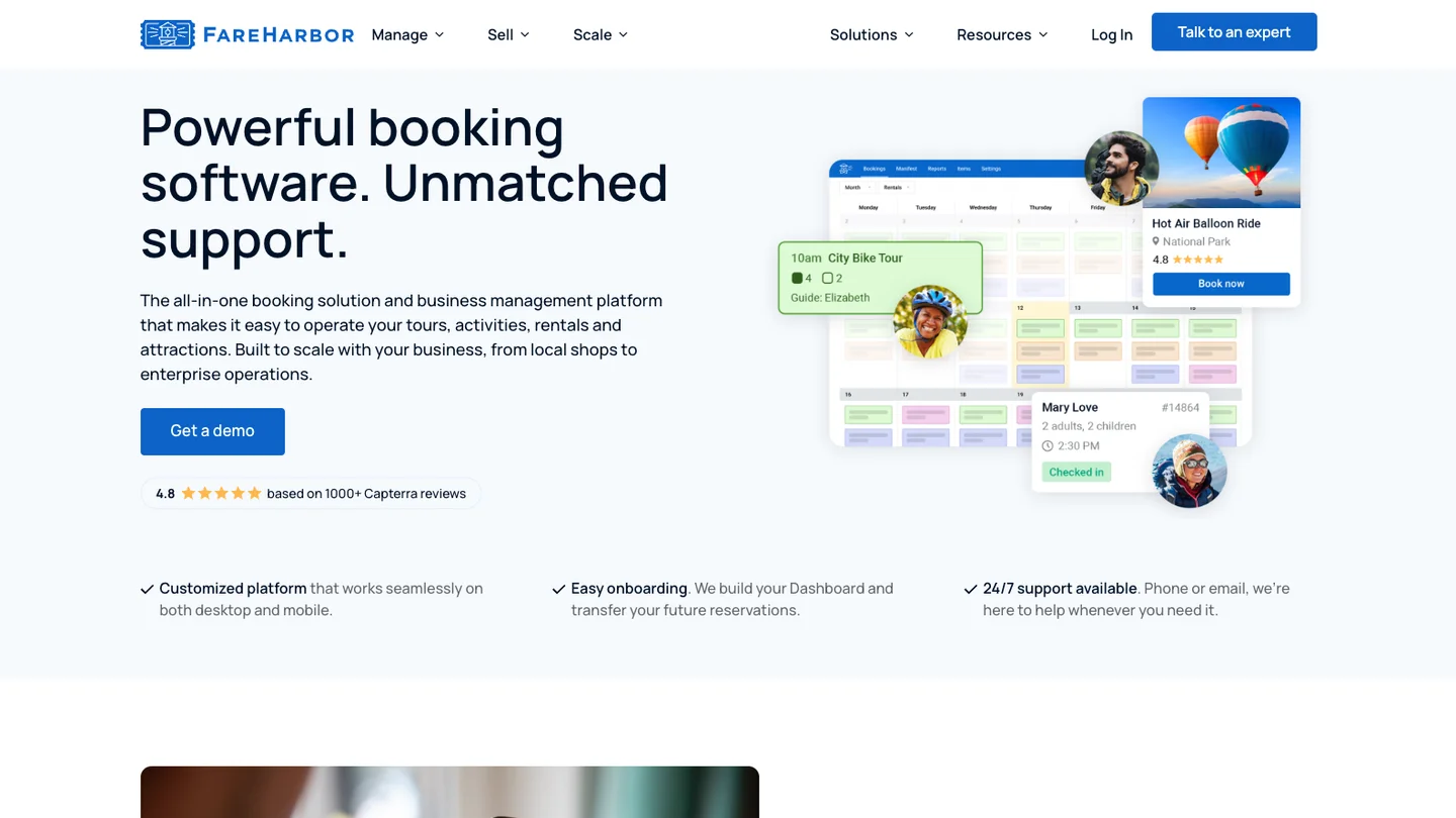 The FareHarbor homepage, showing its headline and a preview of its booking calendar dashboard