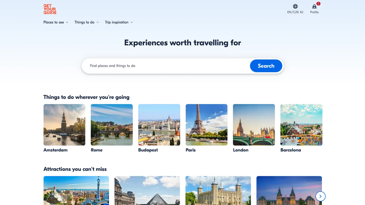 The GetYourGuide homepage, showing its search bar and rows of destination and attraction cards