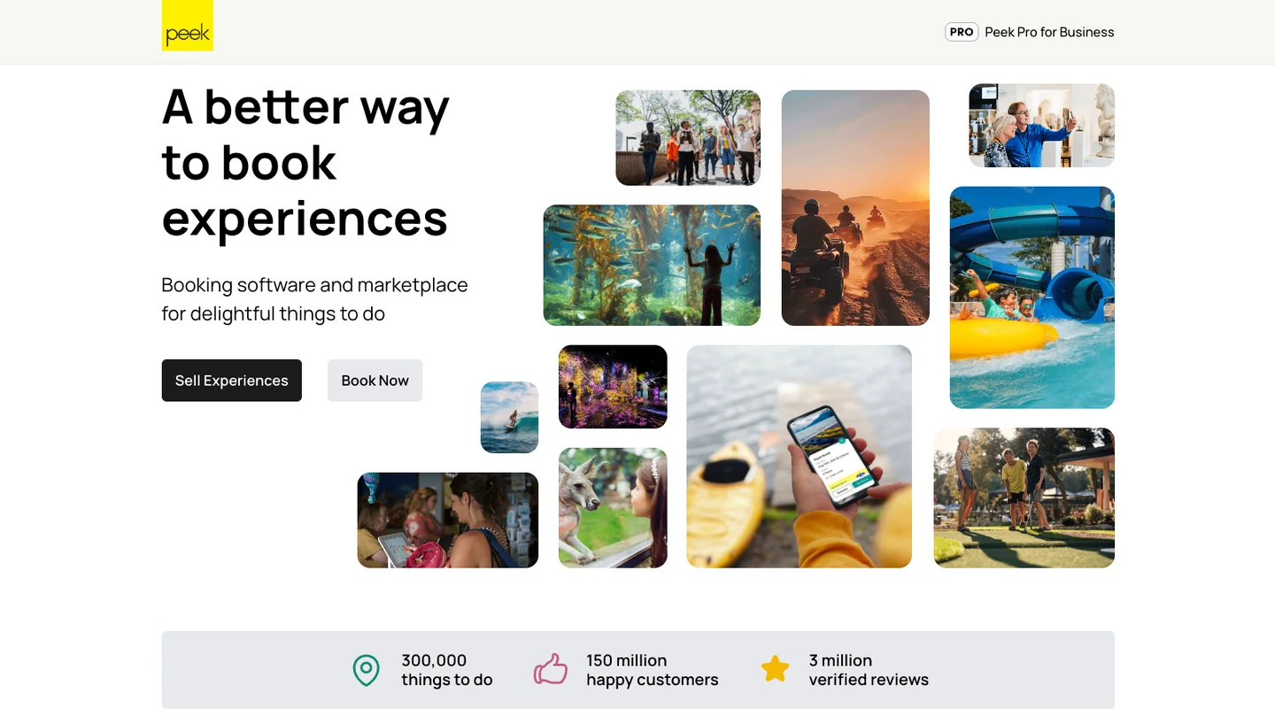 The Peek Pro homepage, showing its headline over a grid of activity photos