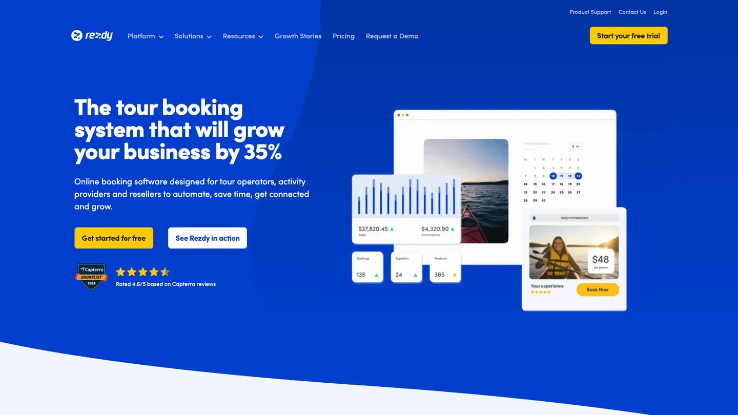 The Rezdy homepage, showing its headline and a preview of its sales and booking dashboard