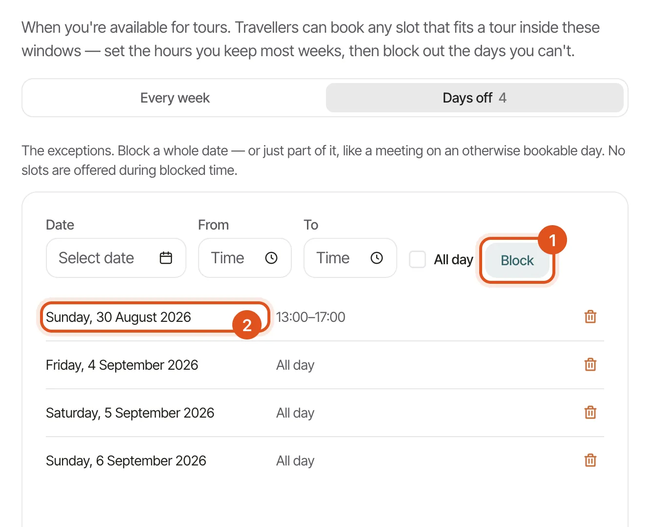 The Days off tab, with a date picker, from and to times, and four blocked dates listed underneath