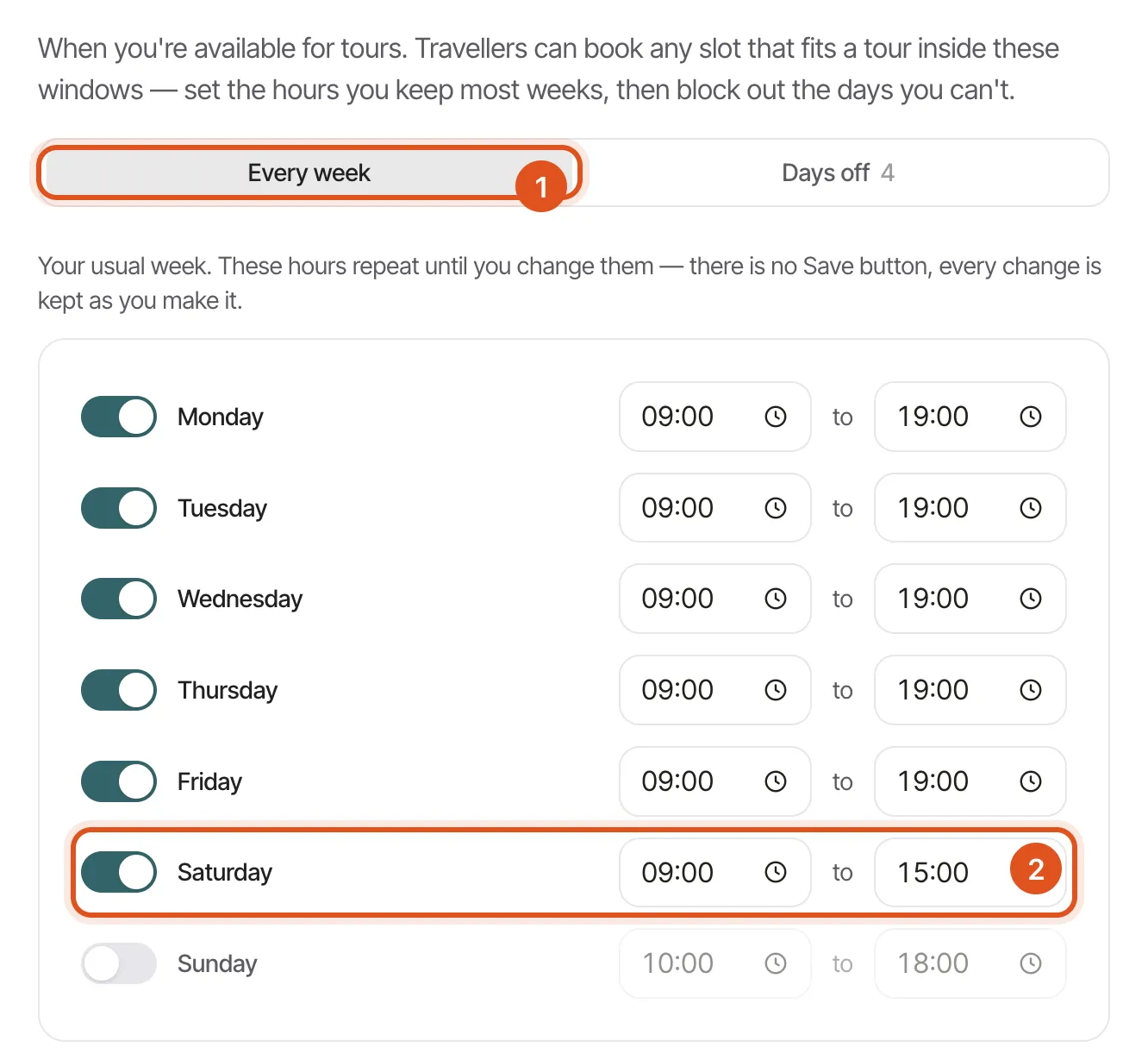The availability editor on its Every week tab, seven day rows with start and end times