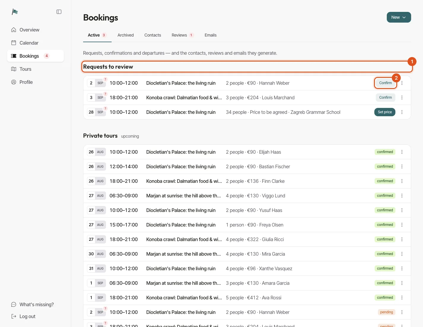 The Bookings hub with two pending requests at the top of the Active tab, each with a Confirm button