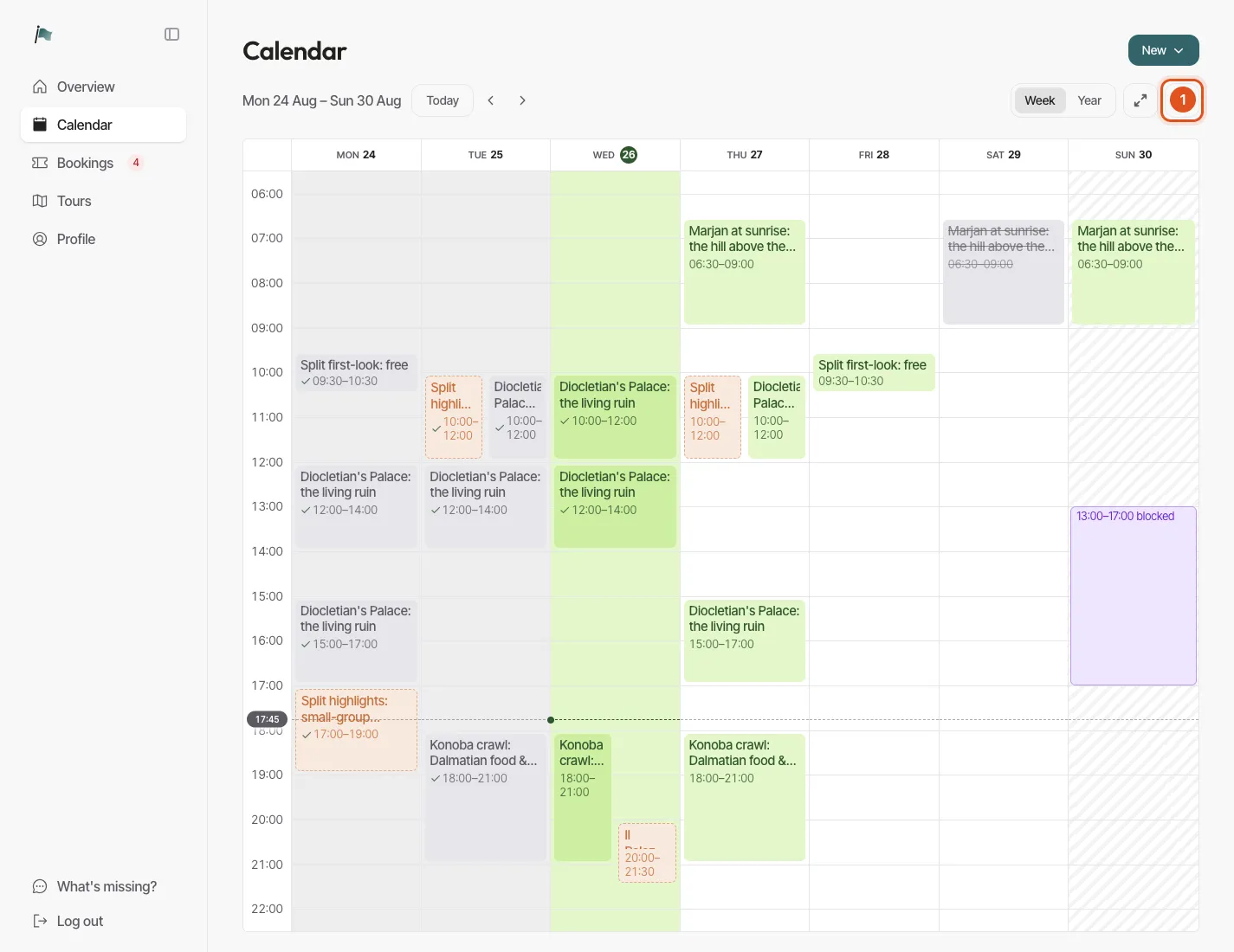 The calendar week view, a seven-day grid with confirmed bookings, a pending request and a blocked afternoon
