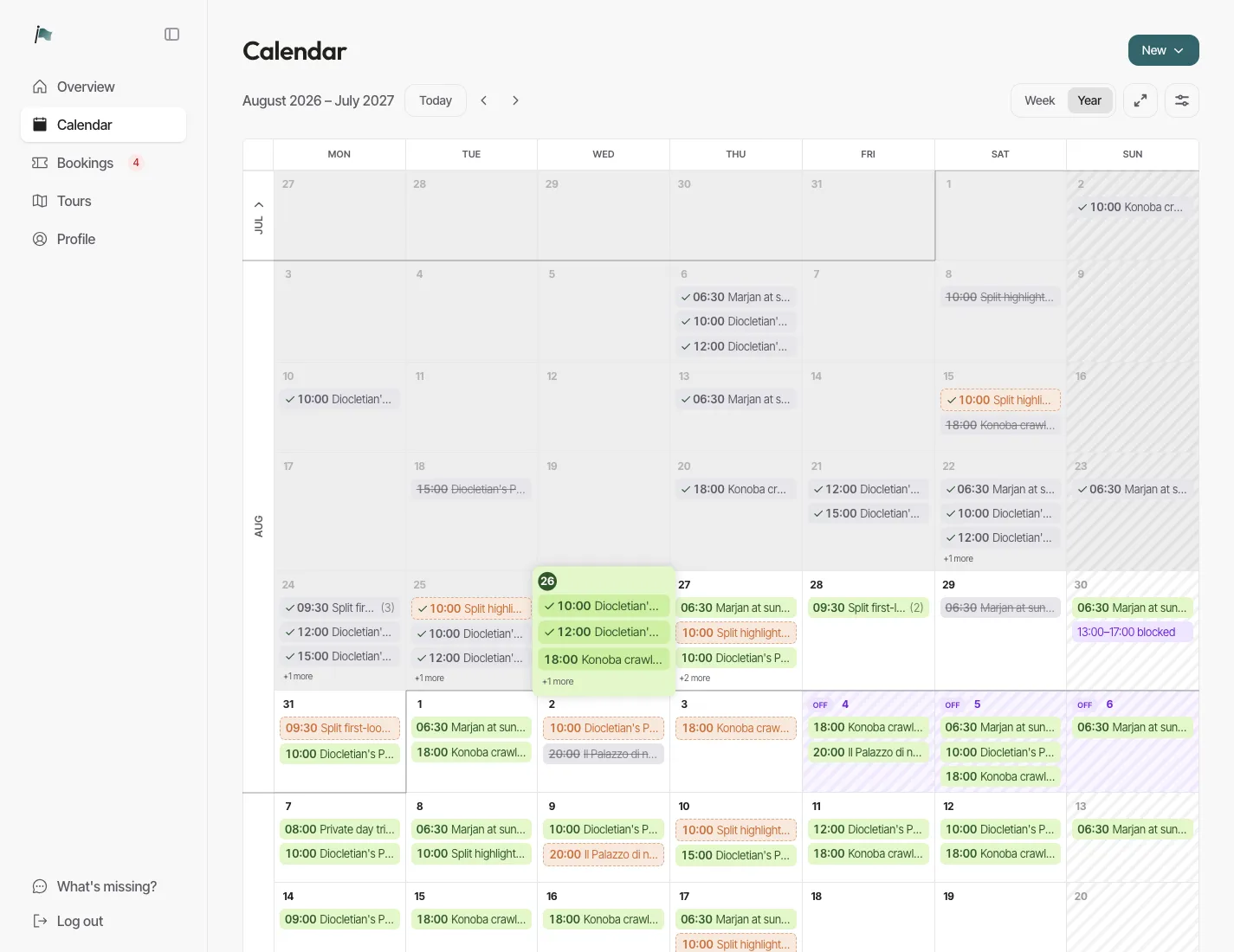 The calendar year view, months of bookings as one continuous scrolling grid