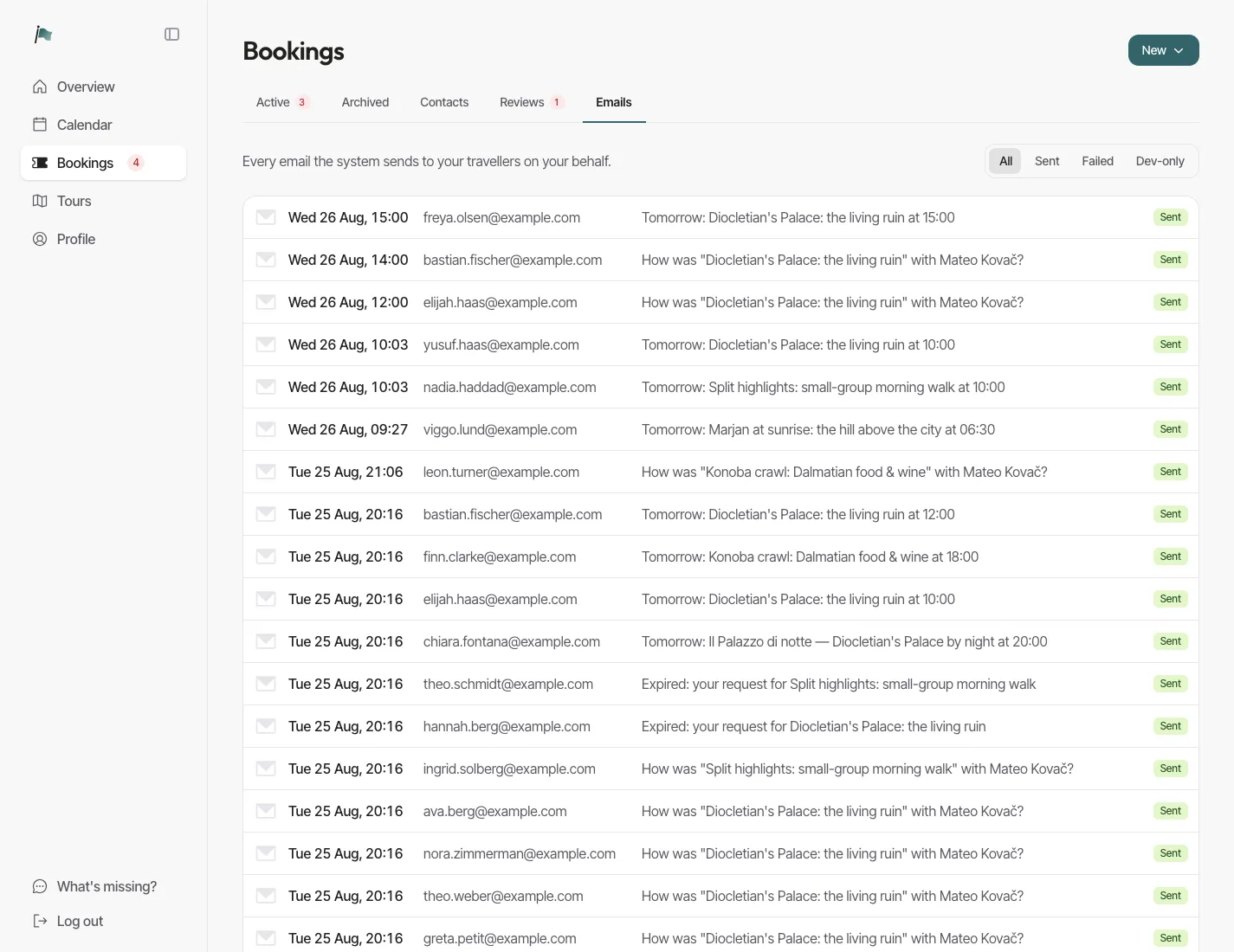 The email log: every email sent on your behalf, with recipient, subject and delivery status
