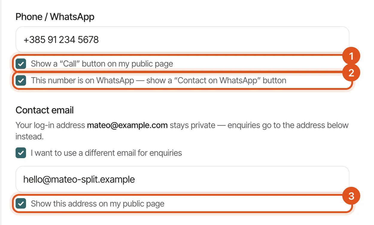 The phone, WhatsApp and contact email fields on the Profile page, with the three separate opt-in tick boxes highlighted