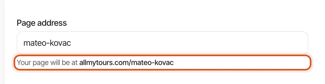 The page address field, with the resulting public URL spelled out underneath it