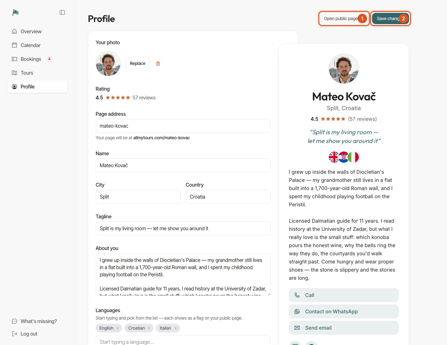 The Profile page, with the form on the left and a live preview of the public page on the right
