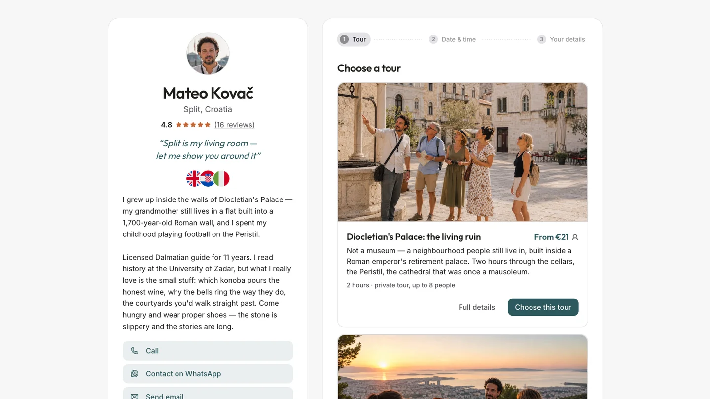 A finished All my tours public page, showing a guide's profile, photo, reviews and languages on the left, and the booking widget's tour list on the right