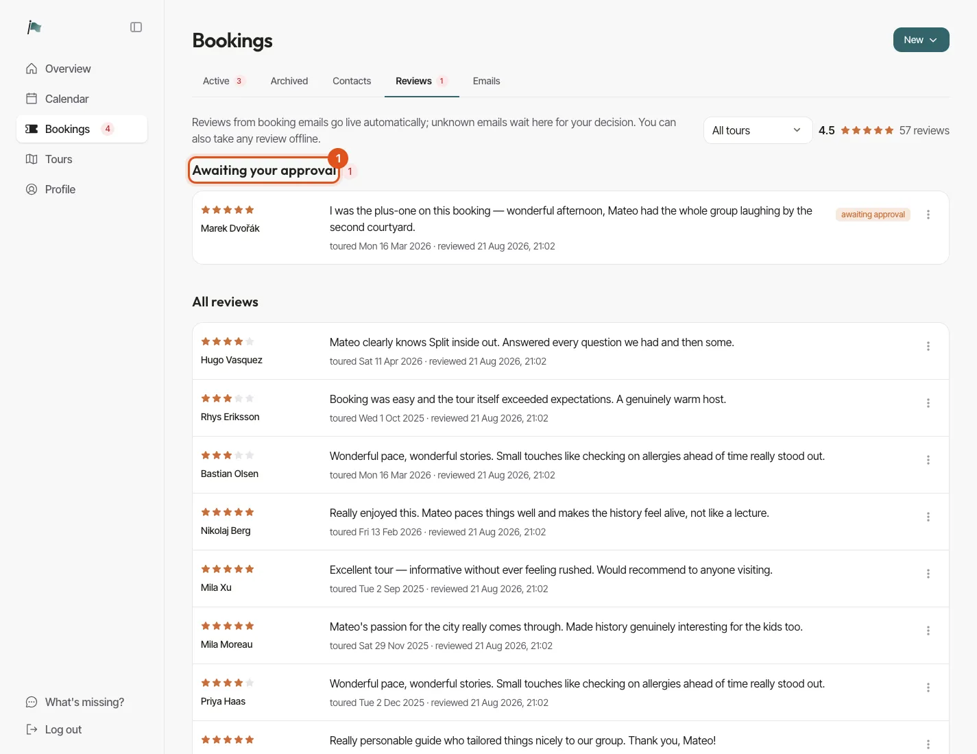 The Reviews tab, one review awaiting approval above the list of published ones