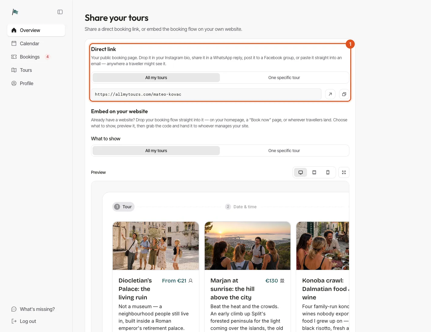 The share page: the direct booking link, and below it the embed preview of the booking flow