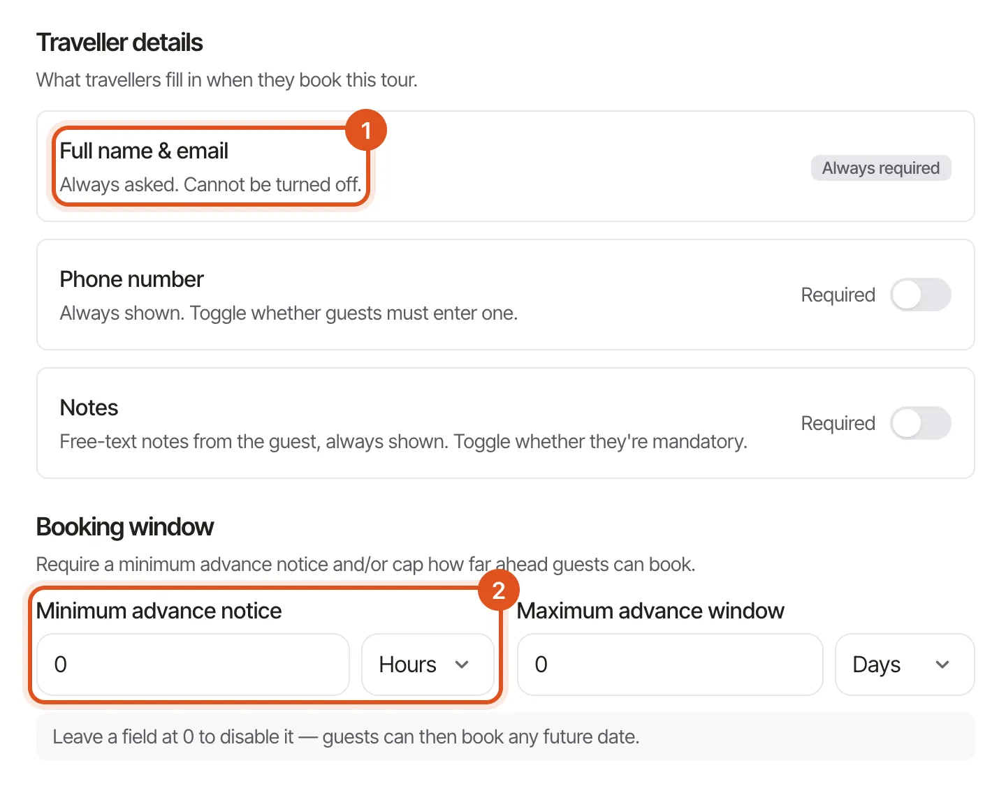 The booking form tab: traveller details with required toggles, and the two booking-window limits