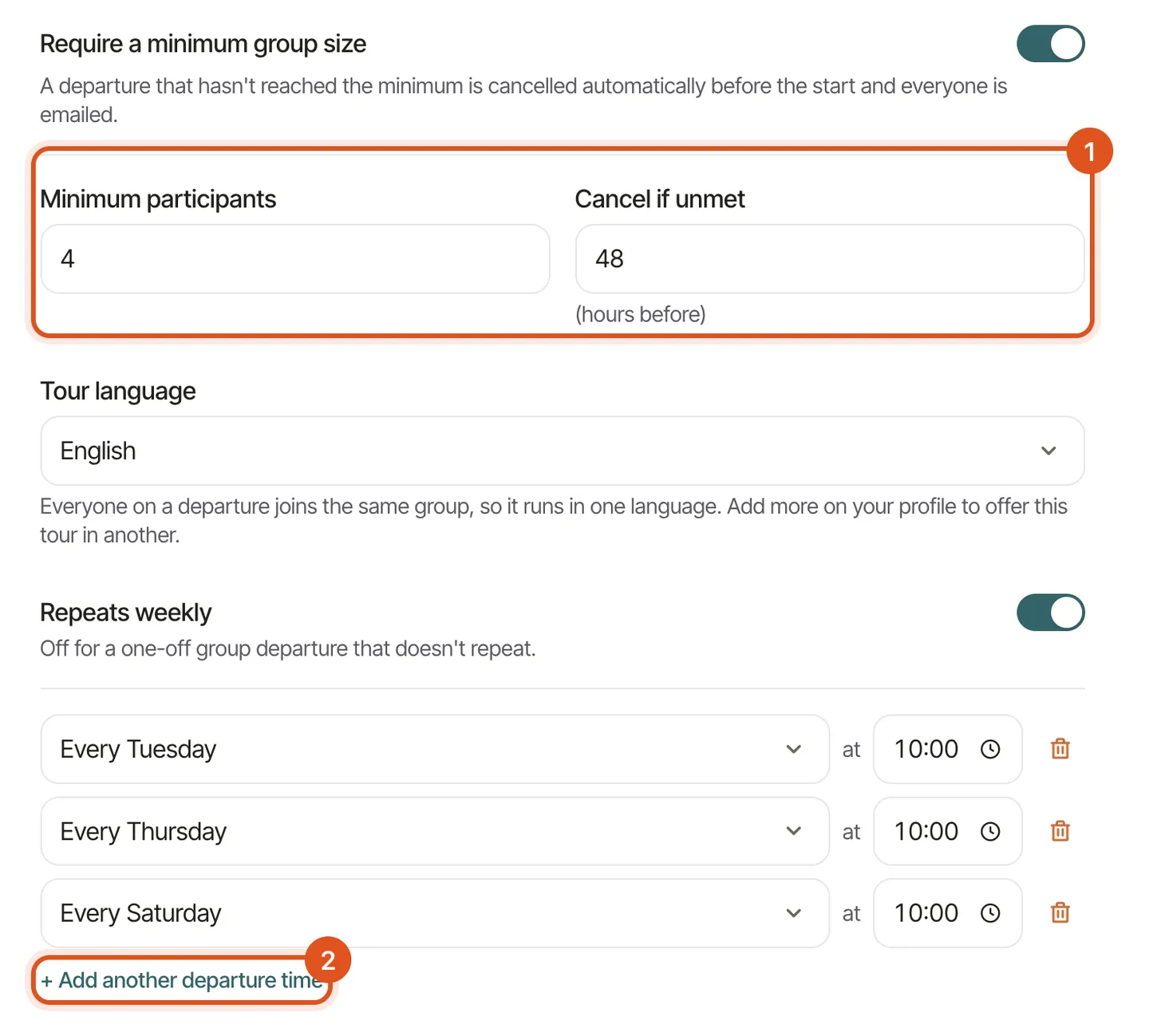 The public-group settings: minimum group size, the cancel cutoff, tour language and three weekly departure times