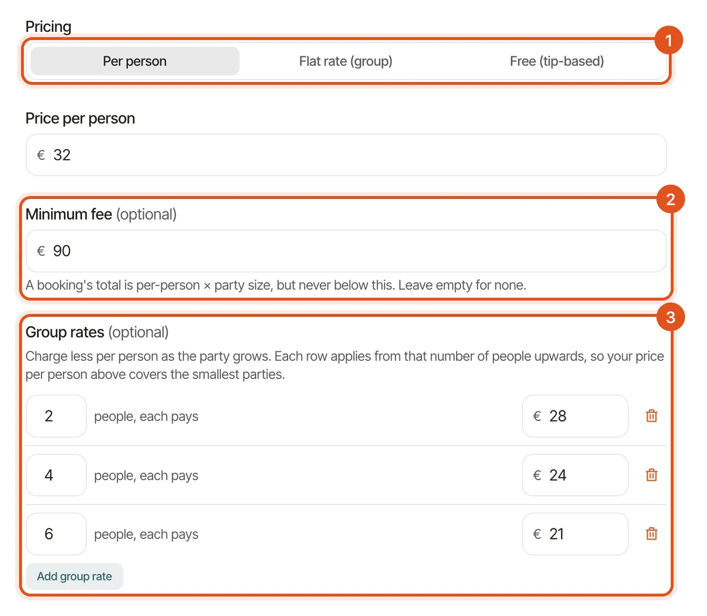 The pricing section: the three pricing modes, price per person, minimum fee and three group-rate rows