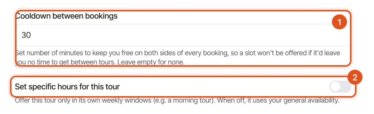 The private-tour settings: a 30-minute cooldown between bookings, and the switch for tour-specific hours