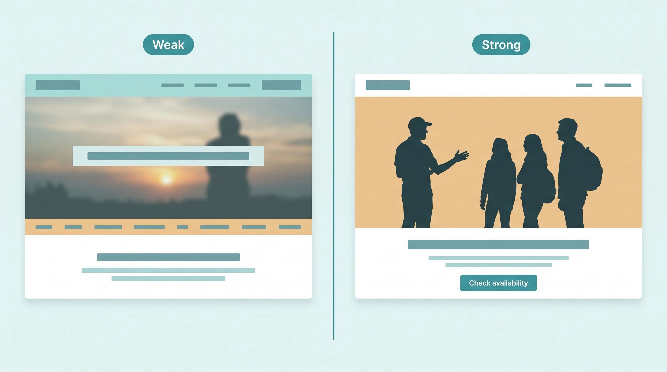 Side-by-side comparison of a weak and a strong tour website hero section