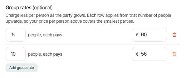 Group rates on the tour form: from 5 people, €60 each; from 10 people, €56 each, with an Add group rate button